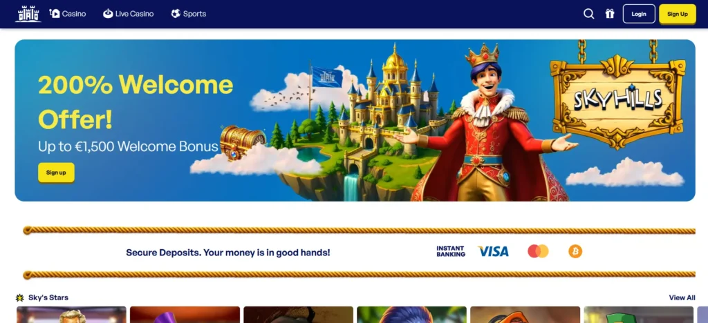 De homepage van Skyhills Casino, met een promotiebanner voor een welkomstaanbod van 200%.