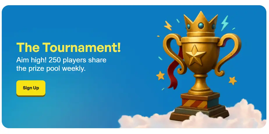 Promotionele banner voor het casinotoernooi van Skyhills, met een gouden trofee boven de wolken.