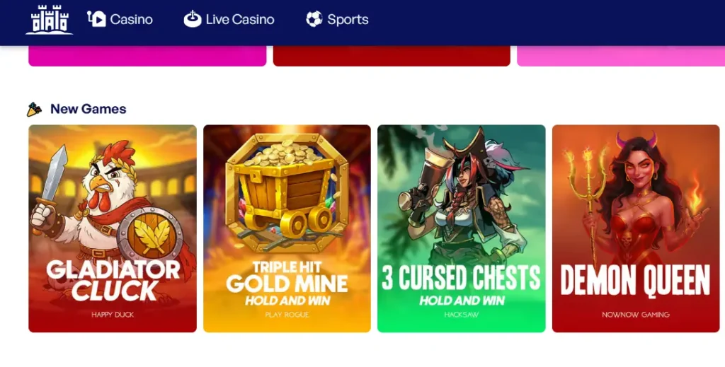 New online slot games section on Skyhills casino including Gladiator Cluck and Demon Queen.