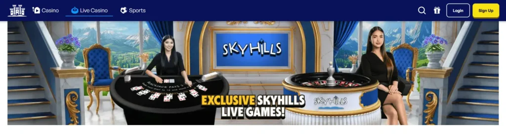 Exclusieve banner voor live casinospellen op Skyhills, met blackjack- en roulettetafels.