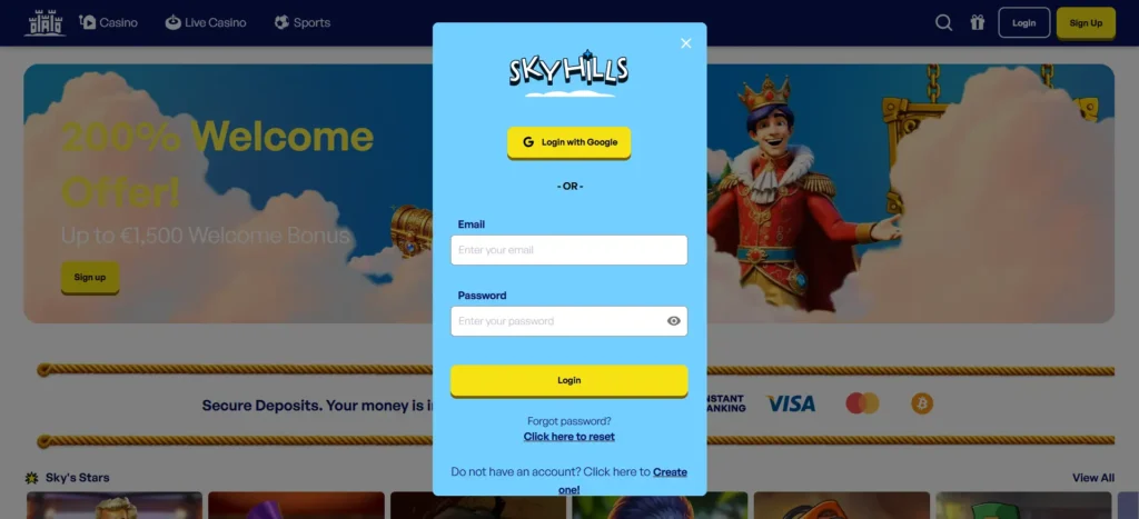 Skyhills Casino-inlogpop-upformulier met opties voor inloggen via Google of een e-mailaccount.