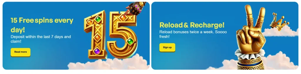 Two promotional banners for Skyhills casino offering daily free spins and reload bonuses.
