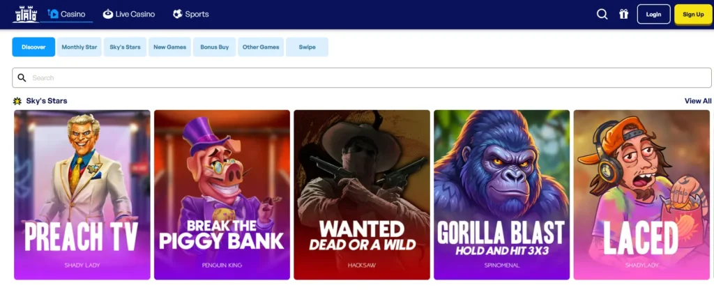 Populaire online gokkasten worden weergegeven onder de sectie 'Stars' in de spellencatalogus van Skyhills Casino.