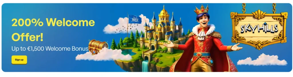 Promotiebanner van Skyhills Casino met een welkomstaanbod van 200% tot € 1.500 bonus.