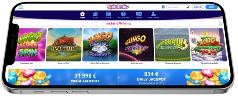 Een smartphone waarop de mobiele website van het online casino SpinGenie te zien is, met daarop instant win-spellen.