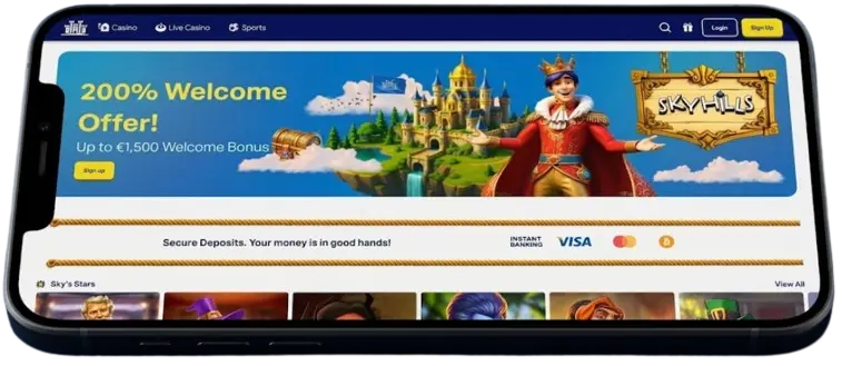 Een smartphone met op het scherm de banner van het welkomstaanbod van het Skyhills online casino.